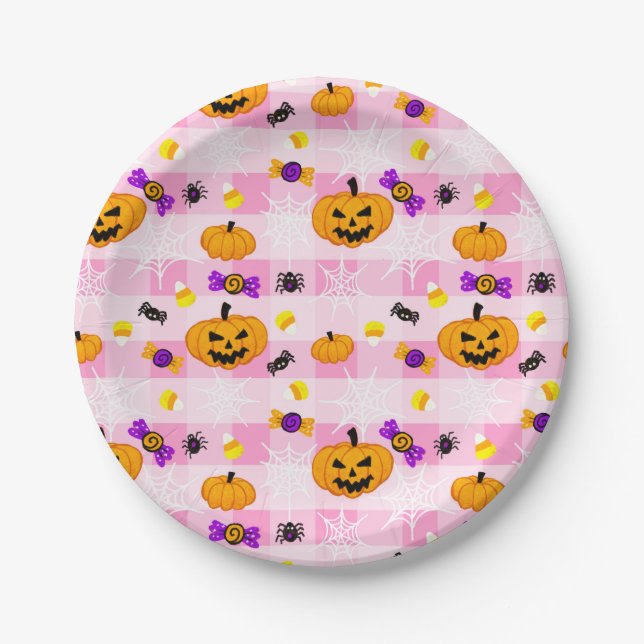 Pastel Pink Halloween Pattern Paper Plate (Front)
