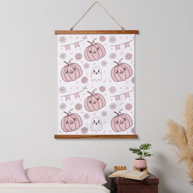 Pastel Pink Halloween Seamless Pattern (2) Hanging Tapestry (Bedroom)