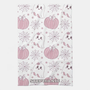 Pastel Pink Halloween Seamless Pattern (3) Tea Towel