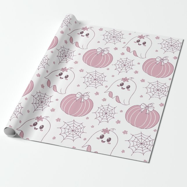 Pastel Pink Halloween Seamless Pattern (3) Wrapping Paper (Unrolled)