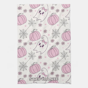 Pastel Pink Halloween Seamless Pattern (4) Tea Towel