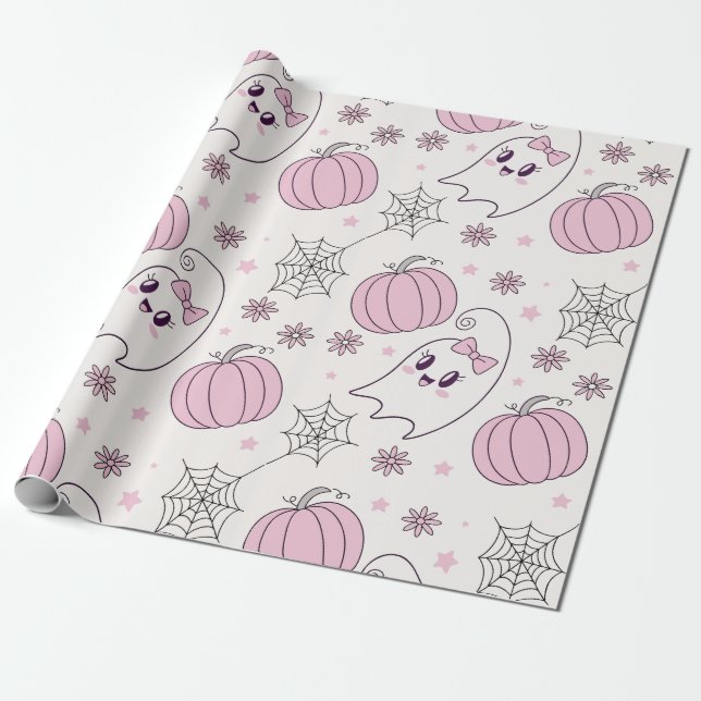 Pastel Pink Halloween Seamless Pattern (4) Wrapping Paper (Unrolled)