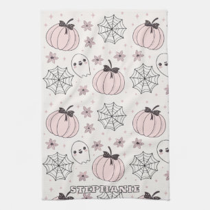 Pastel Pink Halloween Seamless Pattern Tea Towel