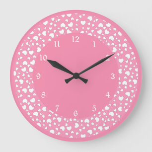 Pastel Pink Heart Polka Dot Pattern Large Clock