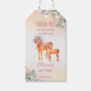 Pastel pink horse mum and foal floral baby shower gift tags