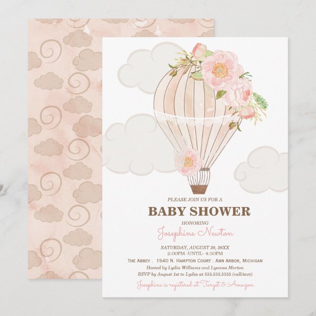 Pastel Pink Hot Air Balloon Girl Baby Shower Invitation (Front/Back)