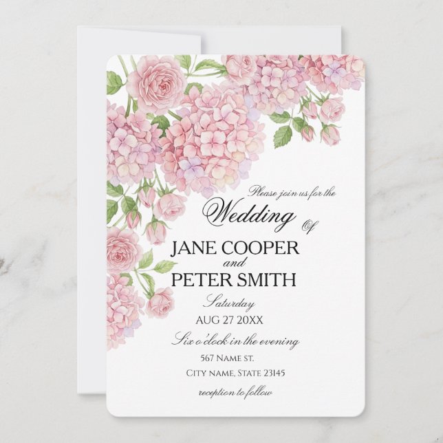 Pastel pink hydrangeas and roses Budget Wedding  I Invitation (Front)