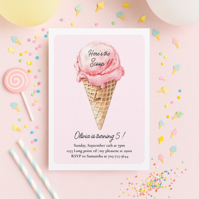 Pastel Pink Ice Cream Cone Birthday Party  Invitation (Creator Uploaded)