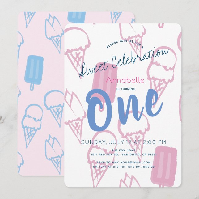 Pastel Pink Ice Cream Girl 1st Birthday Invitation (Front/Back)
