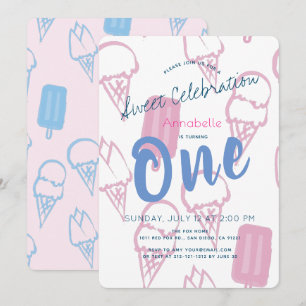 Pastel Pink Ice Cream Girl 1st Birthday Invitation