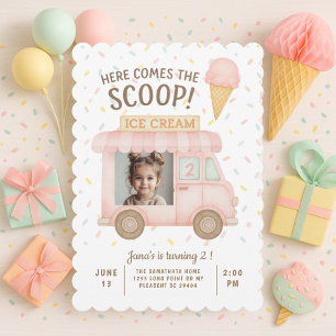 Pastel Pink Ice Cream Truck Photo Birthday  Invitation