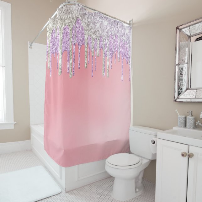 *~* Pastel Pink Lavender Gold Glitter Drip AP7  Shower Curtain (In Situ)