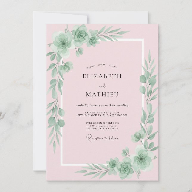 Pastel Pink Leafy Wedding Invitation (Front)