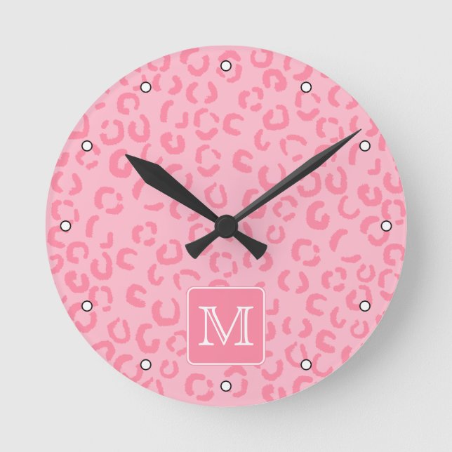 Pastel Pink Leopard Print. Custom Monogram. Round Clock (Front)