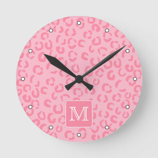 Pastel Pink Leopard Print. Custom Monogram. Round Clock