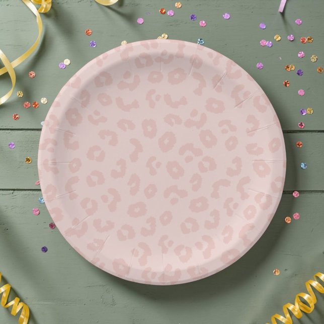 Pastel Pink Leopard Print Wild One Party Paper Plate (Pastel pink leopard print plate with confetti on a sage green table for a birthday.)