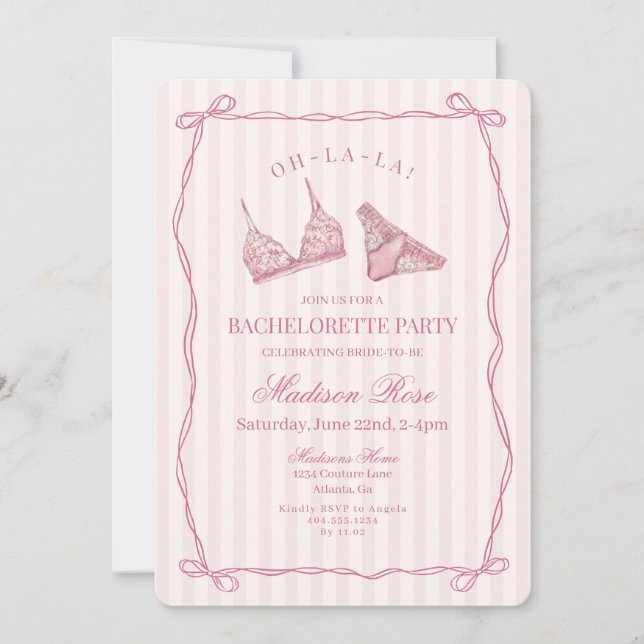Pastel Pink Lingerie Lace Bachelorette Party Invitation (Front)