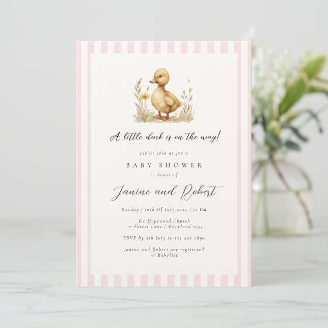 Pastel Pink Little Duck is on the Way Baby Shower Invitation (Standing Front)