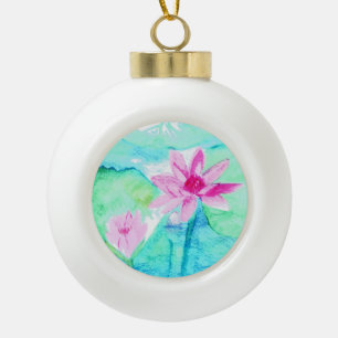 Pastel Pink Lotus Flowers Watercolor Ceramic Ball Christmas Ornament