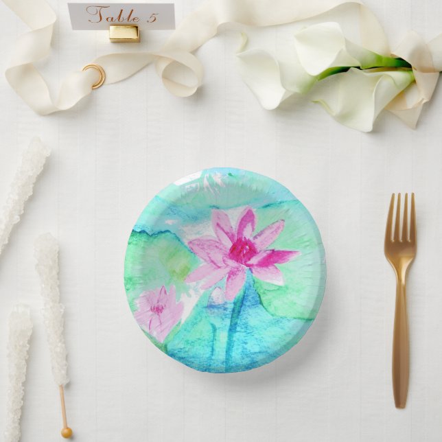 Pastel Pink Lotus Flowers Watercolor Paper Plate (Wedding)