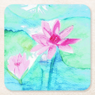 Pastel Pink Lotus Flowers Watercolor Square Paper Coaster