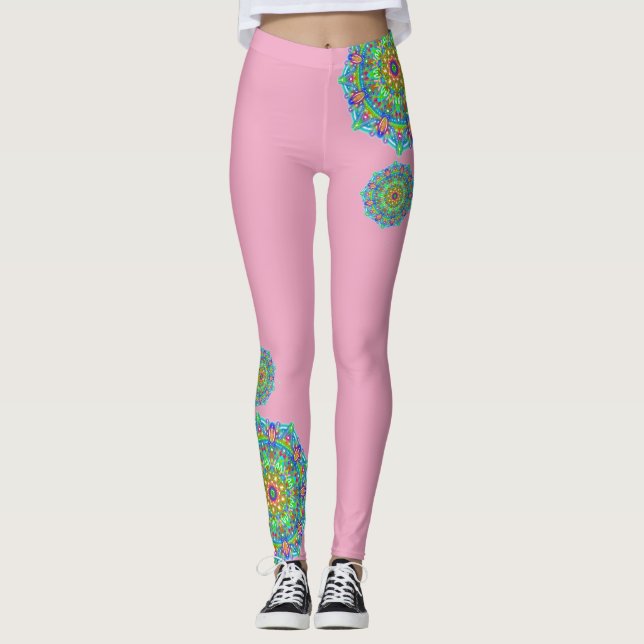 Pastel Pink Mandala Accent Boho Leggings (Front)