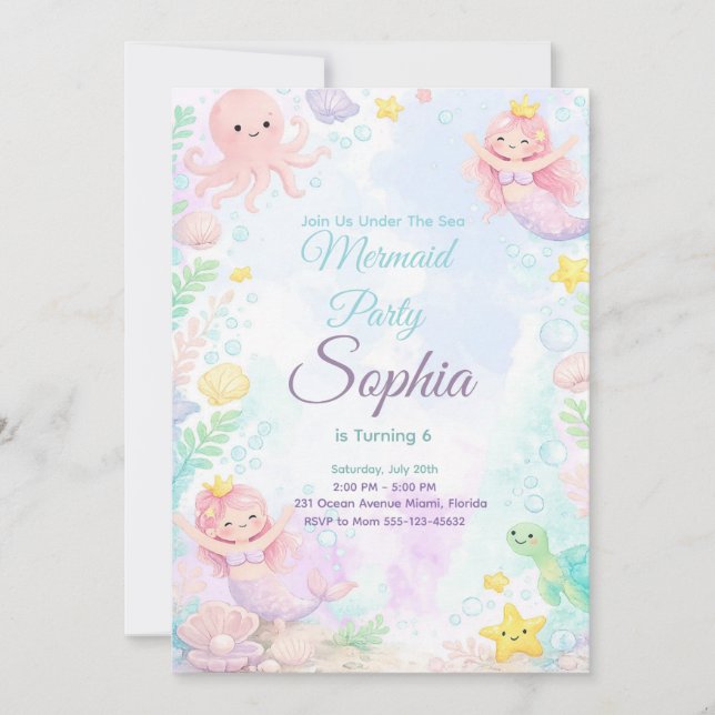 Pastel Pink Mermaid Birthday Invitation Editable (Front)