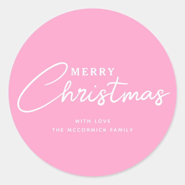 Pastel Pink Merry Christmas Script Name Classic Round Sticker (Front)
