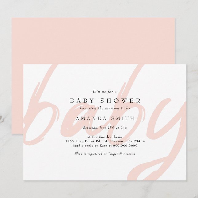 Pastel Pink Minimal Modern Baby Girl Shower Invitation (Front/Back)