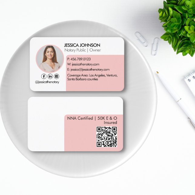 Pastel Pink Minimal & Modern QR Code Notary Photo  Business Card (Creator Uploaded)