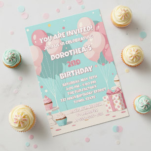 Pastel Pink Mint Balloon Girls Second Birthday Invitation