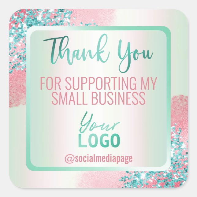 Pastel Pink Mint Blue Thank You Business Logo Square Sticker (Front)