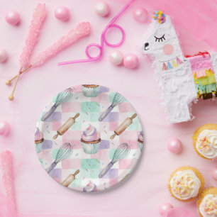Pastel Pink & Mint Cupcake Baking Pattern Paper Plate