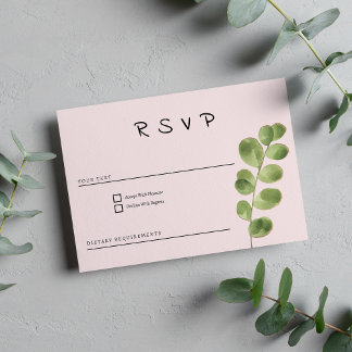 Pastel pink mint gold eucalyptus leaf RSVP Invitation