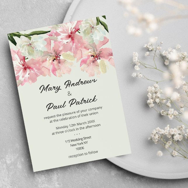 Pastel pink mint green watercolor flowers Wedding Invitation (Pastel pink mint green watercolor flowers Wedding)