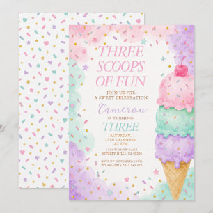 Pastel Pink Mint Three Scoops of Fun Birthday Invitation