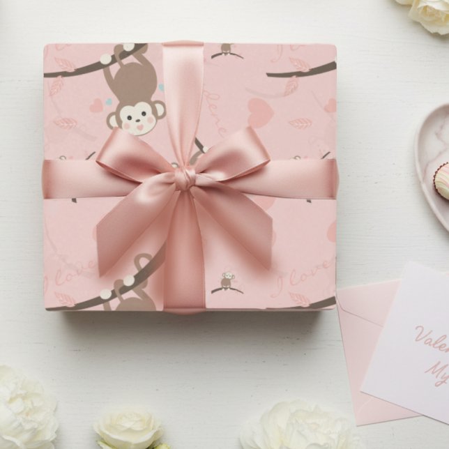 Pastel Pink Monkey Valentine Wrapping Paper  (Pastel pink cute custom monkey with valentine words.)