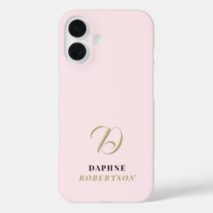 Pastel Pink Monogram Gold Initial Black Name Chic iPhone 16 Case