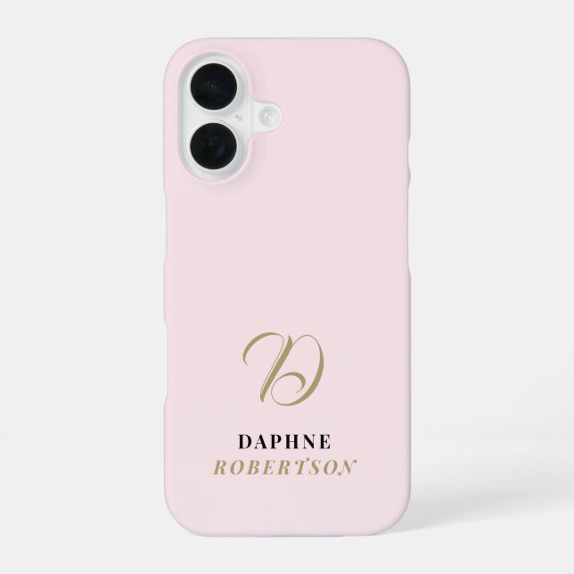 Pastel Pink Monogram Gold Initial Black Name Chic  iPhone 16 Case (Back)