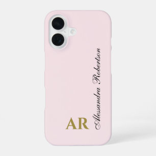 Pastel Pink Monogram Minimalist Elegant Gold Black iPhone 16 Case