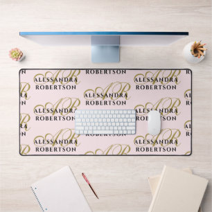 Pastel Pink Monogram Pattern Stylish Gold Black  Desk Mat