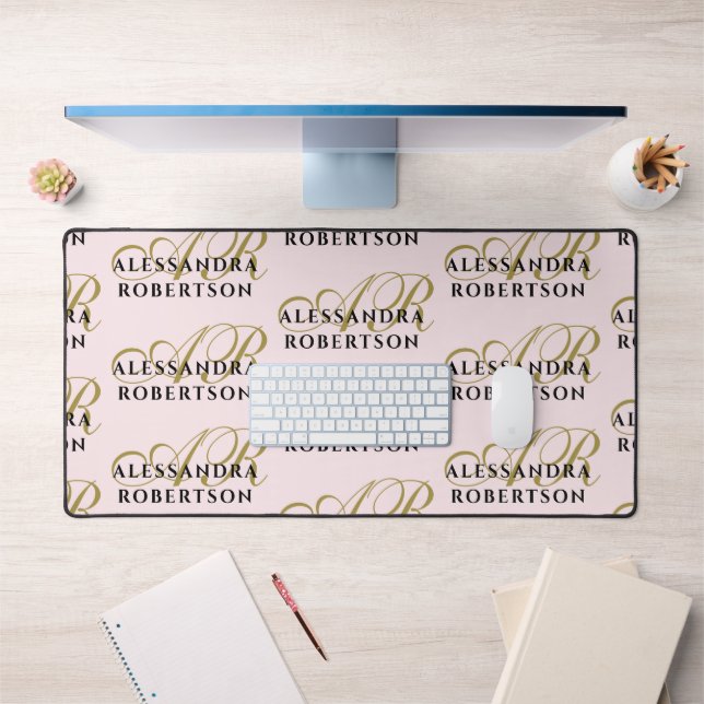 Pastel Pink Monogram Pattern Stylish Gold Black  Desk Mat (Office 1)