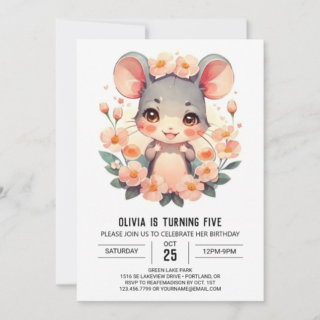 Pastel Pink Mouse Birthday Invitation (Front)