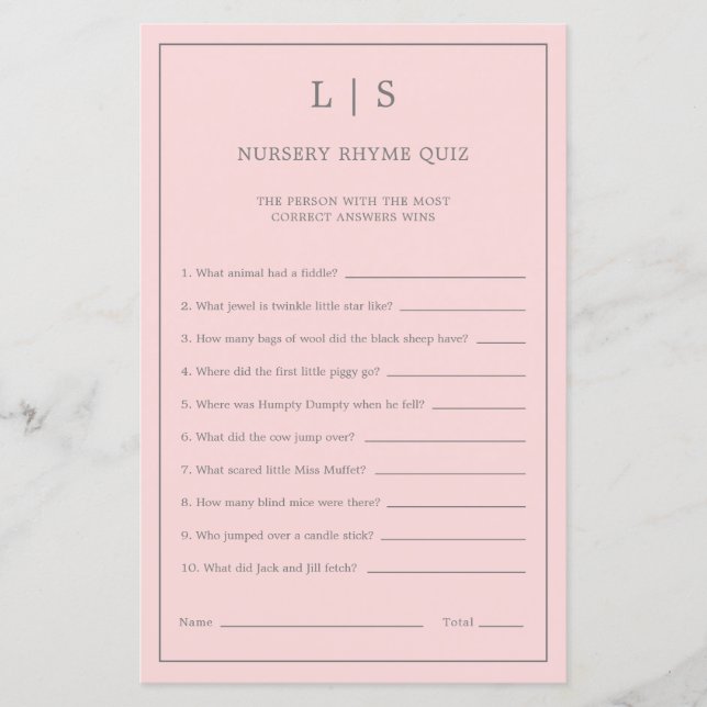 Pastel Pink Nursery Rhyme Quiz Baby Shower Game (Front)