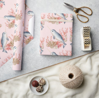 Pastel Pink Ocean baby Narwhal colourful seashells Wrapping Paper