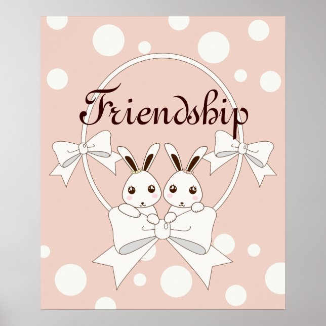 Pastel Pink Off-White Ribbon and Cute Twin Bunny Poster (Front)
