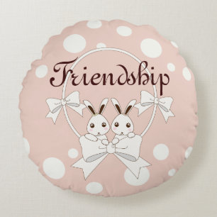 Pastel Pink Off-White Ribbon and Cute Twin Bunny Round Cushion