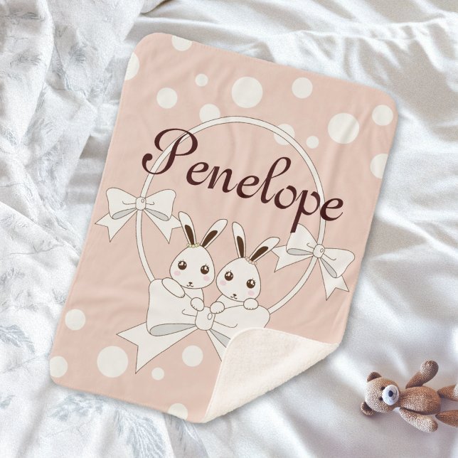 Pastel Pink Off-White Ribbon and Cute Twin Bunny Sherpa Blanket (Creator Uploaded)