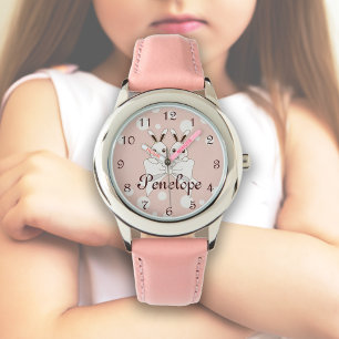 Pastel Pink Off-White Ribbon and Cute Twin Bunny Watch