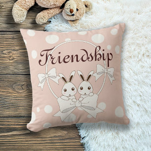 Pastel Pink Off-White Ribbon Twin Bunny Girls Kids Cushion
